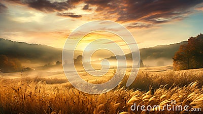 Midwest Mystique: Misty Valley's Idyllic Tapestry Stock Photo