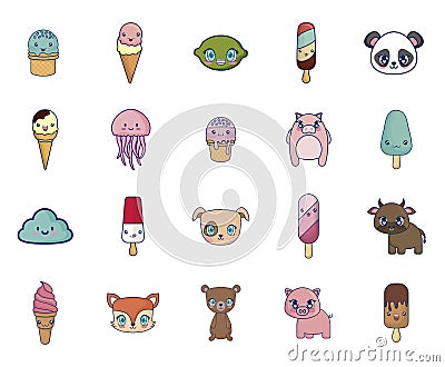 Sweet and adorable kawaii set characters Vector Illustration