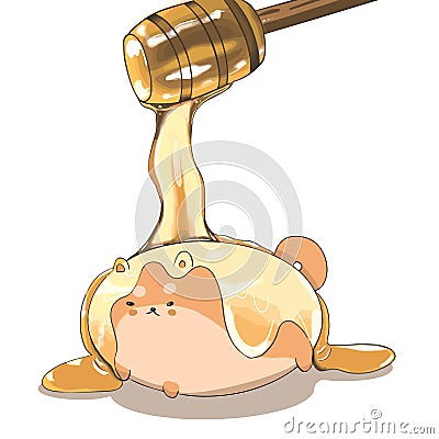 Sweet angry gentle cat lies on its tummy and is poured with honey Vector Illustration