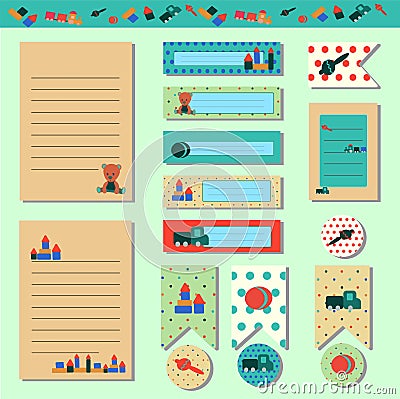 Sweet baby cards, notes, stickers, labels, tags with illustrations teddy bear and toys in retro style. Scrapbooking, planner, Vector Illustration