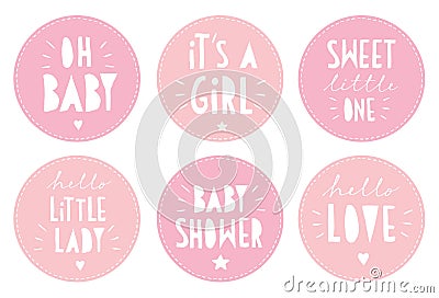 Cute Pink Baby Shower Vector Sticker Set. It`s a Girl Party. Vector Illustration