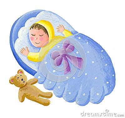 Sweet baby sleeping with teddy bear Cartoon Illustration
