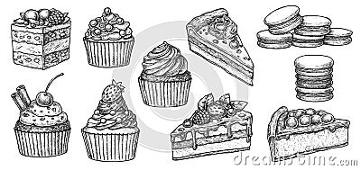 Sweet bakery dessert hand drawn sketch isolated on white Cartoon Illustration