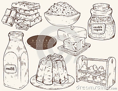 Sweet bakery - ingredients for chocolate pudding. Vector Illustration