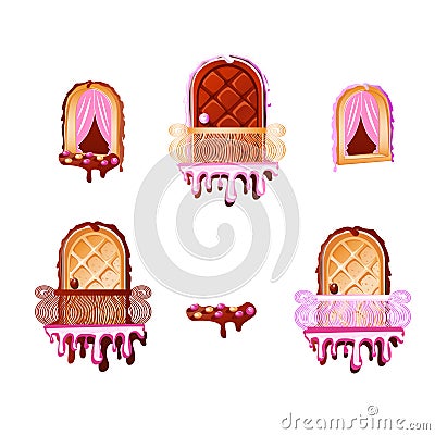 Cartoon magic balcony and window made of waffles and chocolate Vector Illustration