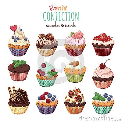 Sweet baskets and cupcakes with cream decorated with berries and chocolate Vector Illustration