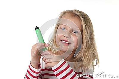 Sweet beautiful female child holding drawing and writing marker school supplies concept Stock Photo