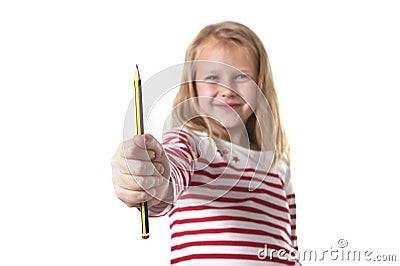 Sweet beautiful female child 6 to 8 years old holding pencil school supplies concept Stock Photo