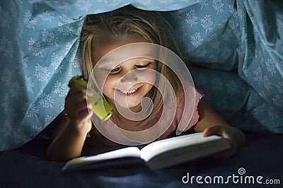 Sweet beautiful and pretty little blond girl 6 to 8 years old under bed covers reading book in the dark at night with torch light Stock Photo