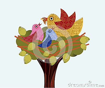 Sweet birds in a tree mama feeding babies Vector Illustration