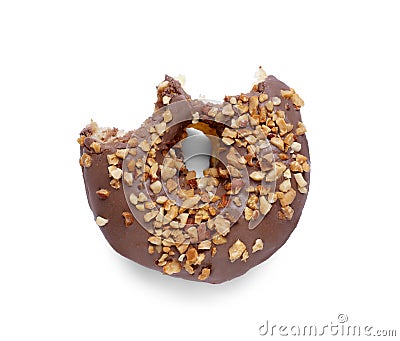 Sweet bitten glazed donut on white background, top view Stock Photo