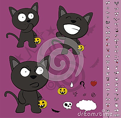 Sweet black cat cartoon halloween set Vector Illustration