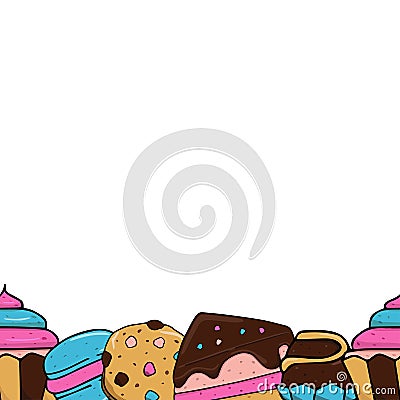 Dessert, sweets, kids, background, board, seamless, cake, cookie, macaroon, cupcake, candy Vector Illustration