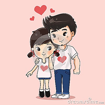 Sweet boy and girl hug together. Vector Illustration