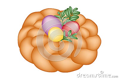 Sweet braided homemade bread with three easter eggs and twig with leaves decorated isolated Vector Illustration
