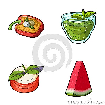 Sweet Bulgarian pepper, vitamin drink, jam with raspberry and mint leaves, a piece of watermelon. Vegetarian dishes set Vector Illustration