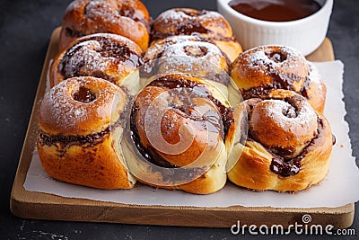 Sweet bun rolls baked to perfection, oozing with chocolate filling Stock Photo