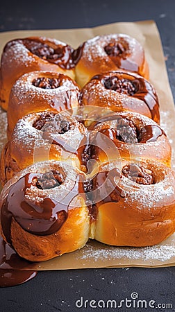 Sweet bun rolls baked to perfection, oozing with chocolate filling Stock Photo
