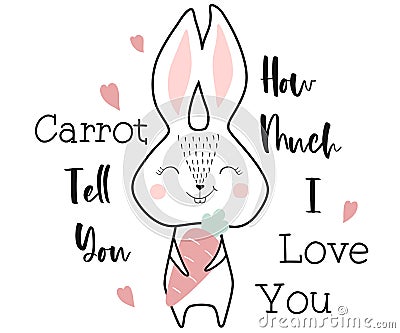 Sweet bunny with carrots and hearts. Cute cartoon easter Vector Illustration