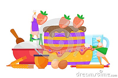 Sweet cake cooking, vector illustration. Tiny woman people character make dessert. Bakery pastry with strawberries Vector Illustration