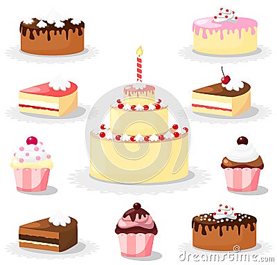 Sweet cake and cupcake set, icons Vector Illustration