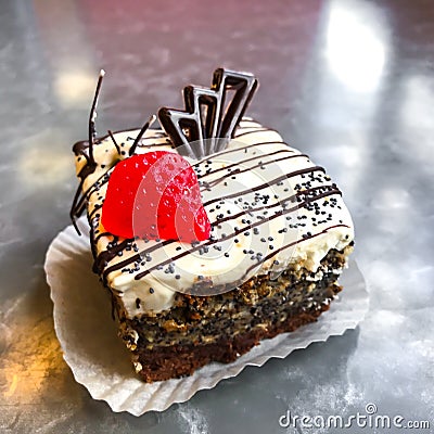 Sweet cake, dessert with cream and poppy seeds, coffee Stock Photo