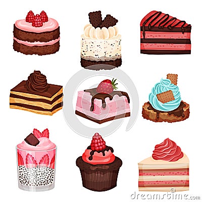 Sweet Cake Slices and Cupcakes Collection, Delicious Desserts with Fresh Berries Vector Illustration Vector Illustration