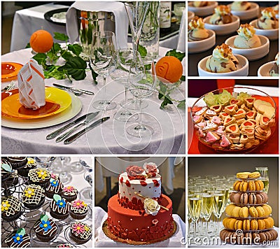 Sweet cakes and desserts, wedding party food collage, catering Stock Photo