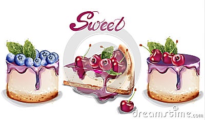 Sweet cakes set Vector watercolor. delicious desserts with fruit topings Vector Illustration