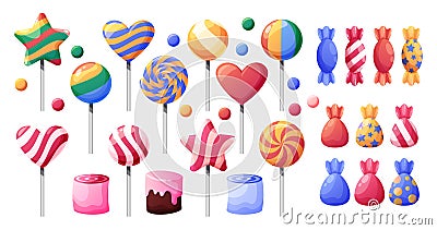 Sweet candy. Chocolate toffee, bright lollipops, bonbons and apple dragees, sugar food, colorful corn and licorice for Vector Illustration