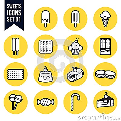 Sweet candy dessert flat thin line icons set vector Vector Illustration