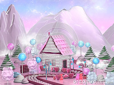 Sweet candy house surrounded by lollipop, candy canes and caramels. Fantasy food landscape 3D illustration Cartoon Illustration