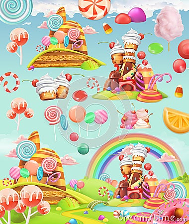 Sweet candy land. Cartoon game background. Vector icon set Vector Illustration