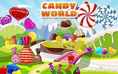 Sweet candy world fairy landscape, panorama. Sweets, candies, caramel. Cartoon game background. Vector illustration Vector Illustration