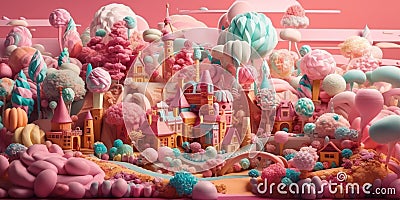 Sweet candy world fairy landscape, panorama. Sweets, candies, caramel. A magical planet where everything is made of Stock Photo