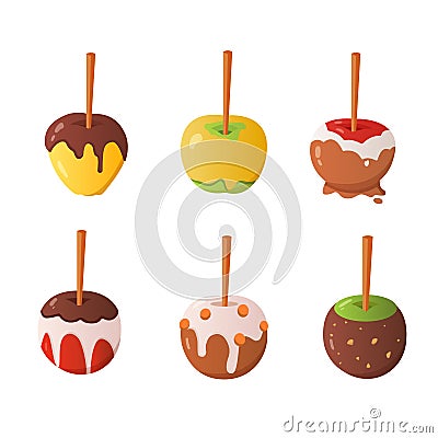 Sweet caramel and chocolate candy apple set. Vector illustration in cartoon style. Vector Illustration