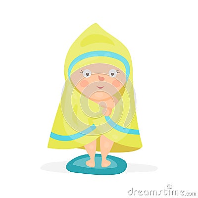 Sweet cartoon baby wrapped in a yellow towel after taking a bath colorful character vector Illustration Vector Illustration