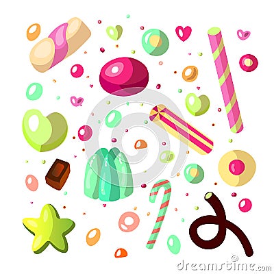 Sweet cartoon candy set. Collection of sweets, cartoon style. Jelly, candy, cakes, sweet donut and marmelade. Huge set Vector Illustration