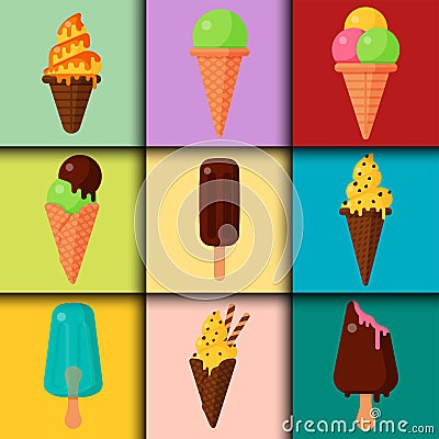 Sweet cartoon cold ice cream cards set tasty frozen icecream collection vector delicious colorful desserts Vector Illustration