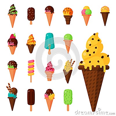 Sweet cartoon cold ice cream set and tasty frozen icecream collection vector delicious colorful desserts Vector Illustration