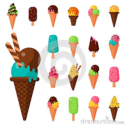 Sweet cartoon cold ice cream set and tasty frozen icecream collection vector delicious colorful desserts Vector Illustration