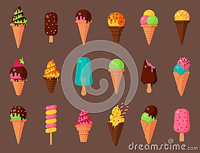 Sweet cartoon cold ice cream set and tasty frozen icecream collection vector delicious colorful desserts Vector Illustration