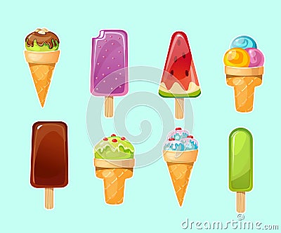 Sweet cartoon ice cream set isolated on blue background. Vector colorful ice cream for cafe menu, invitations, summer prints etc Vector Illustration