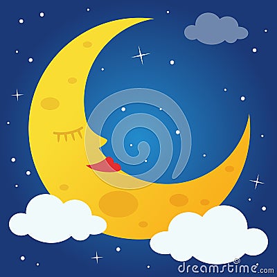 Sweet Cartoon Moon Sleeping in the Sky Vector Illustration
