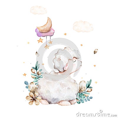 Sweet cartoon baby sheep with stars and butterfly. Watercolor hand drawn cartoon illustration on white isolated background Stock Photo