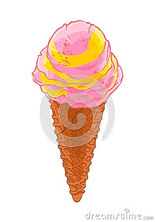 Sweet cartoon sketch with layered ice cream fruit waffle cone. Vector Illustration