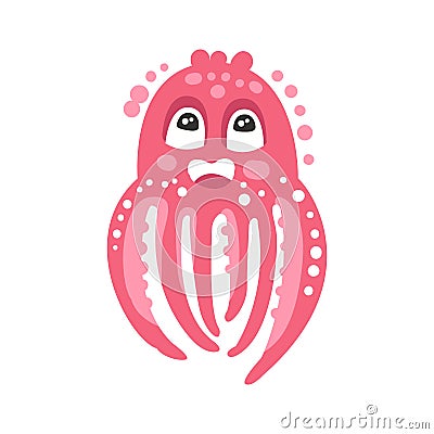 Sweet cartoon thoughtful pink octopus character, funny ocean coral reef animal vector Illustration Vector Illustration