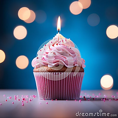 Sweet celebration Cupcake with pink cream and burning candle Stock Photo