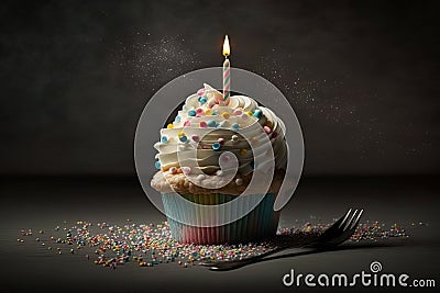Sweet Celebrations: A Birthday Cupcake with One Candle Stock Photo
