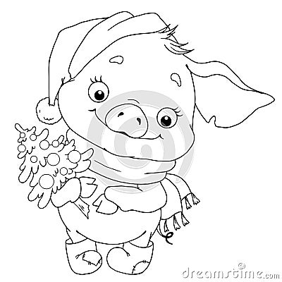 Sweet character of a pig. Piglet with herringbone. Chinese horoscope. Vector illustration. Zodiac. Coloring book. Cartoon Illustration